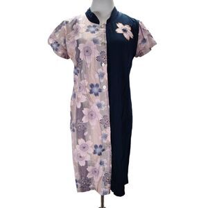 Vintage 90s Hawaiian Shift Dress Size M Pink Floral Blue Mandarin Collar Tiki